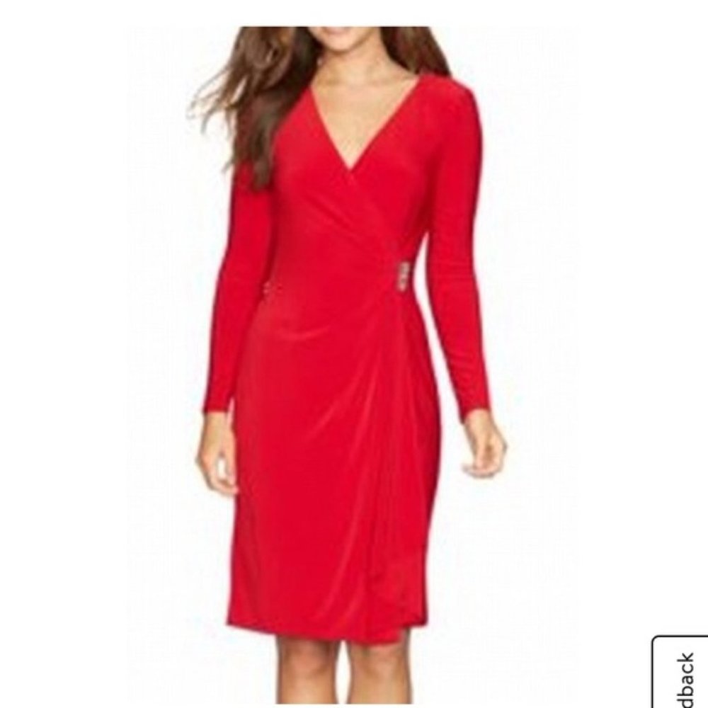 Chaps Pleated Faux-Wrap Dress NEW RED 14